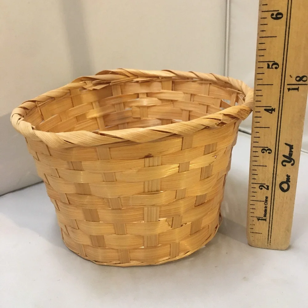 Woven Bamboo Basket Medium Natural Tan Round Decorative Storage Cottagecore